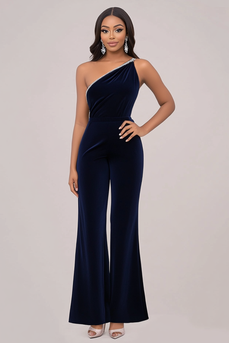 Navy One Shoulder Velvet Prom Jumpsuit with Beading