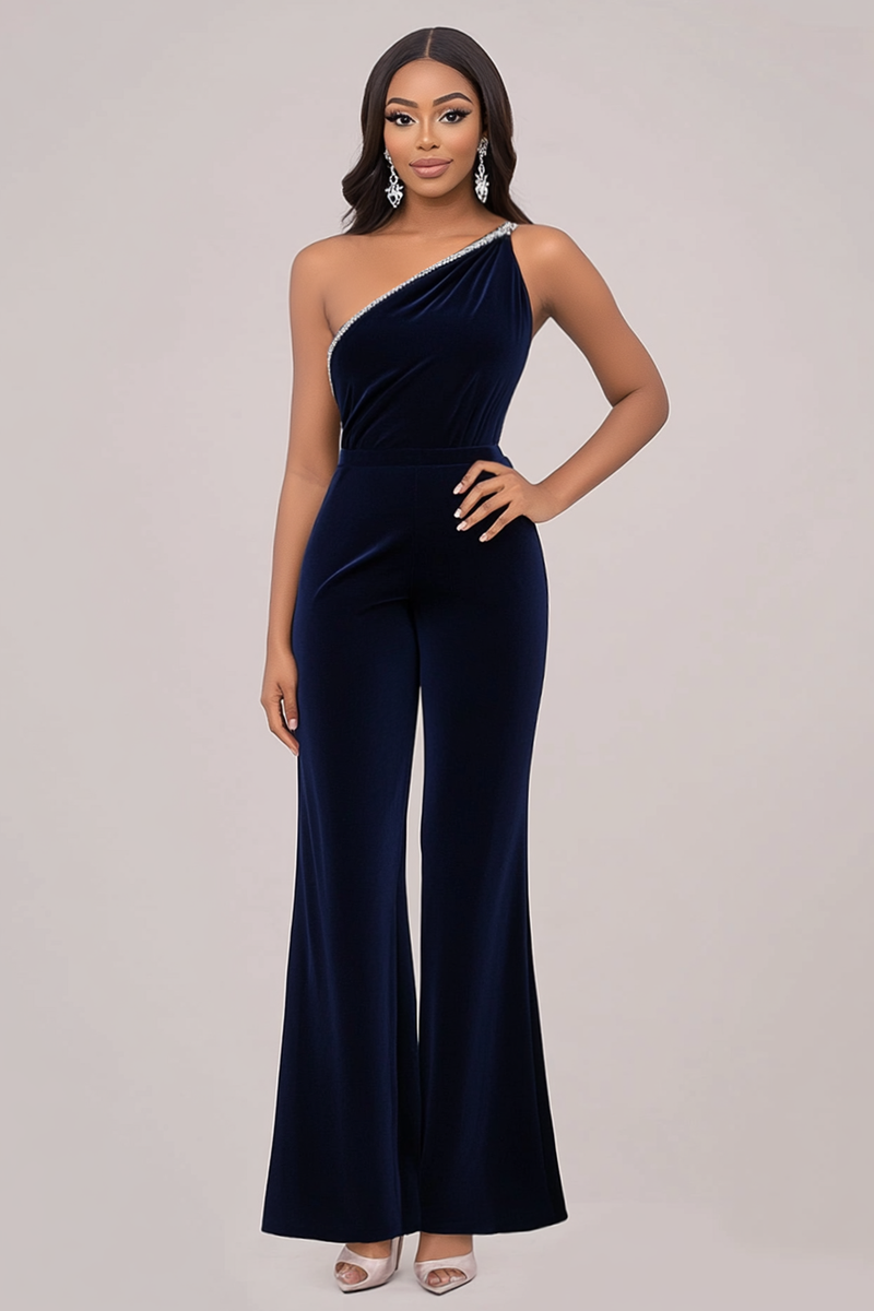 Load image into Gallery viewer, Navy One Shoulder Velvet Prom Jumpsuit with Beading