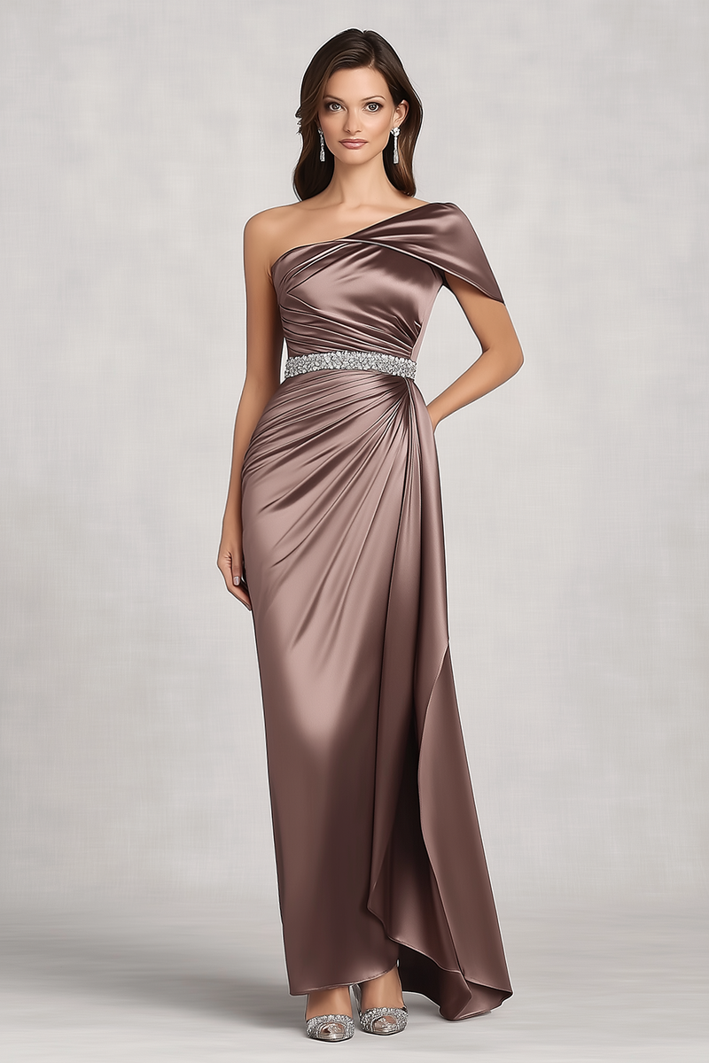 Load image into Gallery viewer, Taupe One Shoulder Pleated Sheath Mother of the Bride Dress