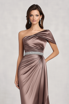 Taupe One Shoulder Pleated Sheath Mother of the Bride Dress