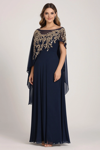 Sparkly Navy Chiffon Mother of the Bride Dress with Beading