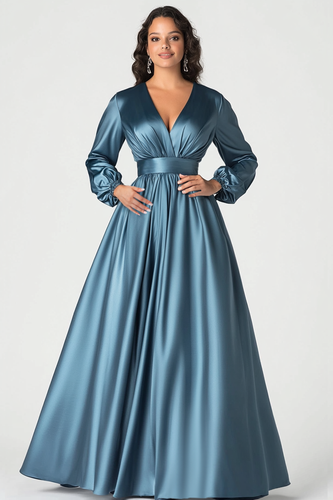 Grey Satin V-Neck Mother of the Bride Dress with Long Sleeves