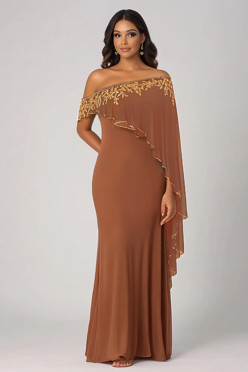 Load image into Gallery viewer, Sparkly Rust Off the Shoulder Chiffon Mother of the Bride Dress