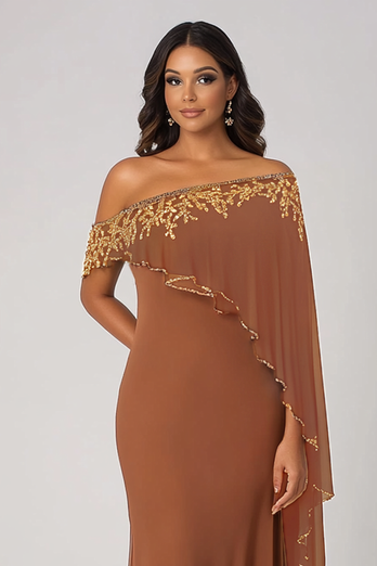 Sparkly Rust Off the Shoulder Chiffon Mother of the Bride Dress