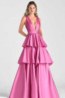 Fuchsia V-Neck Tiered Tiered Satin Long Formal Dress