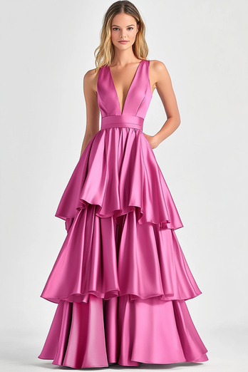 Fuchsia V-Neck Tiered Tiered Satin Long Formal Dress