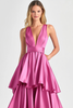 Load image into Gallery viewer, Fuchsia V-Neck Tiered Tiered Satin Long Formal Dress