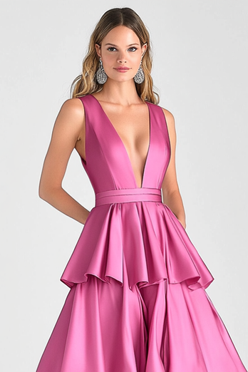 Fuchsia V-Neck Tiered Tiered Satin Long Formal Dress