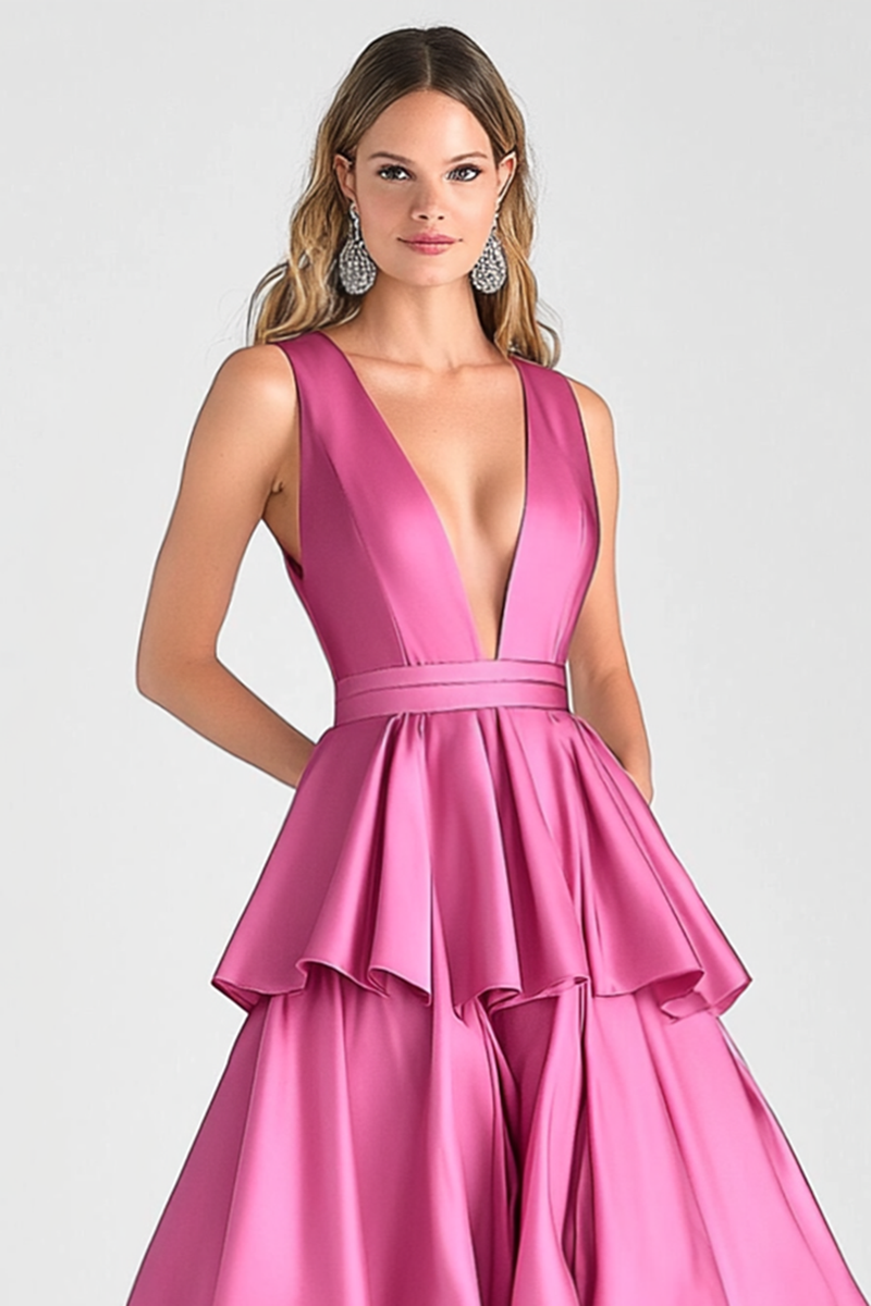 Load image into Gallery viewer, Fuchsia V-Neck Tiered Tiered Satin Long Formal Dress