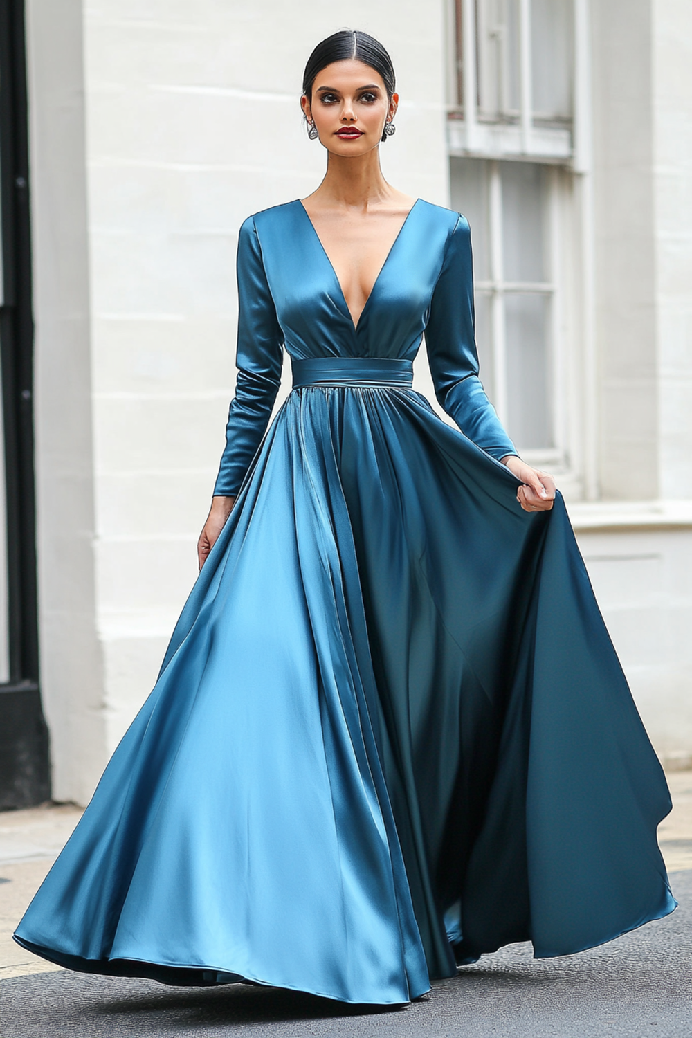 Dark Blue A Line V-Neck Satin Mother of the Bride Dress