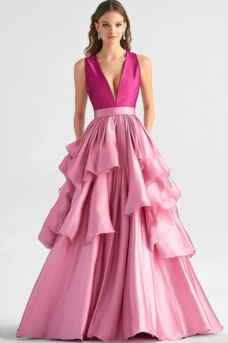 Hot Pink Ball Gown Tiered Satin Long Formal Dress