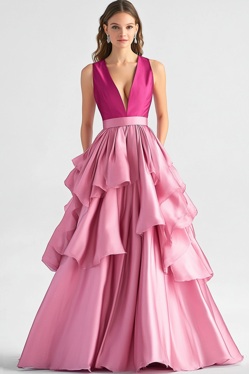 Hot Pink Ball Gown Tiered Satin Long Formal Dress