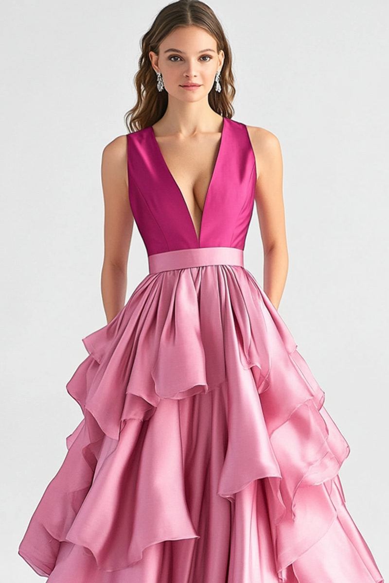 Load image into Gallery viewer, Hot Pink Ball Gown Tiered Satin Long Formal Dress