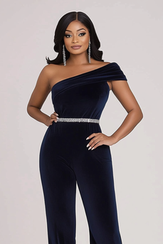 Navy Velvet One Shoulder Beaded Prom Jumpsuit