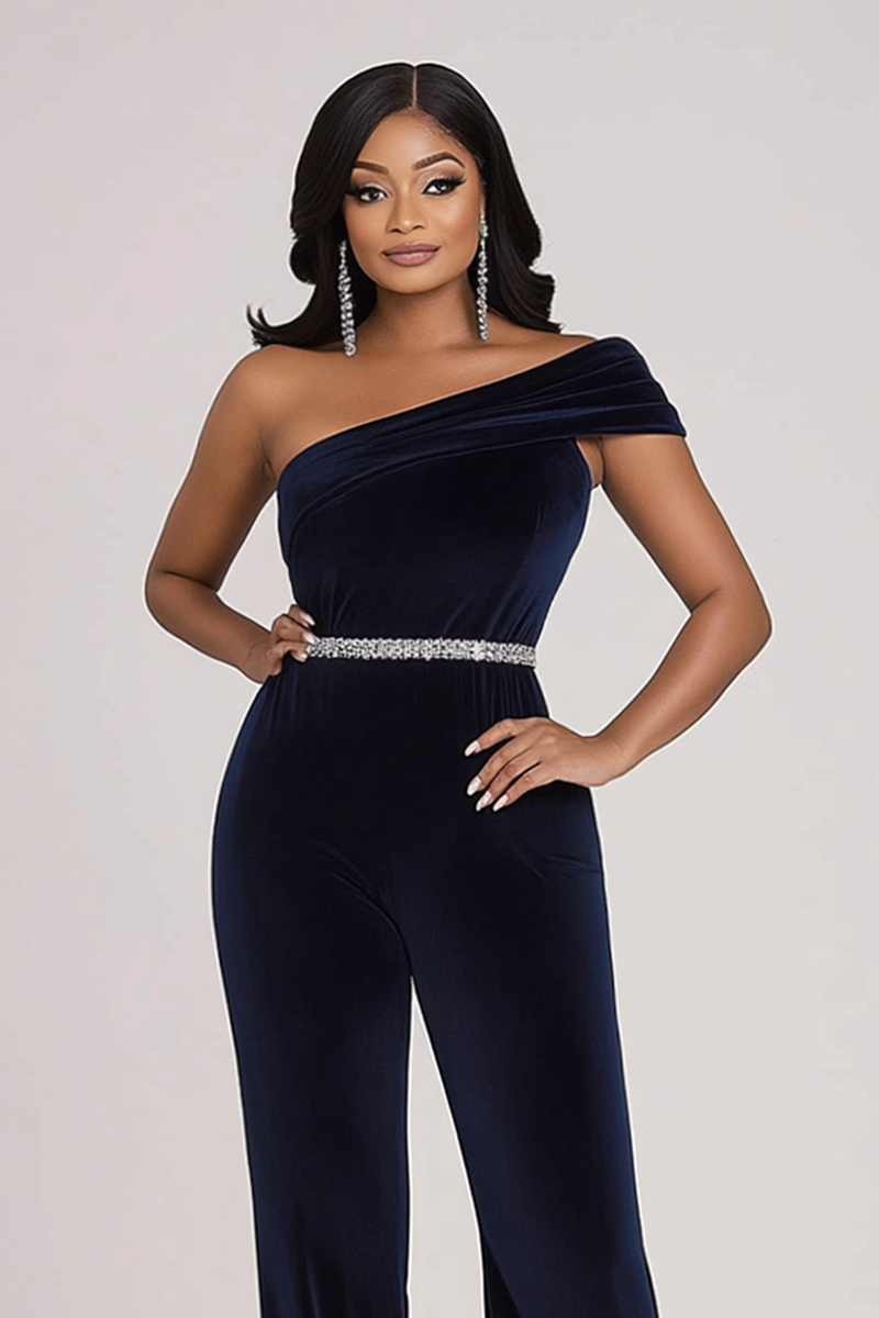 Load image into Gallery viewer, Navy Velvet One Shoulder Beaded Prom Jumpsuit