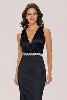 Black Satin Sheath Mother of the Bride Dress with Beaded Belt