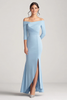 Load image into Gallery viewer, Sky Blue Off the Shoulder Asymmetrical Chiffon Mother of the Bride Dress