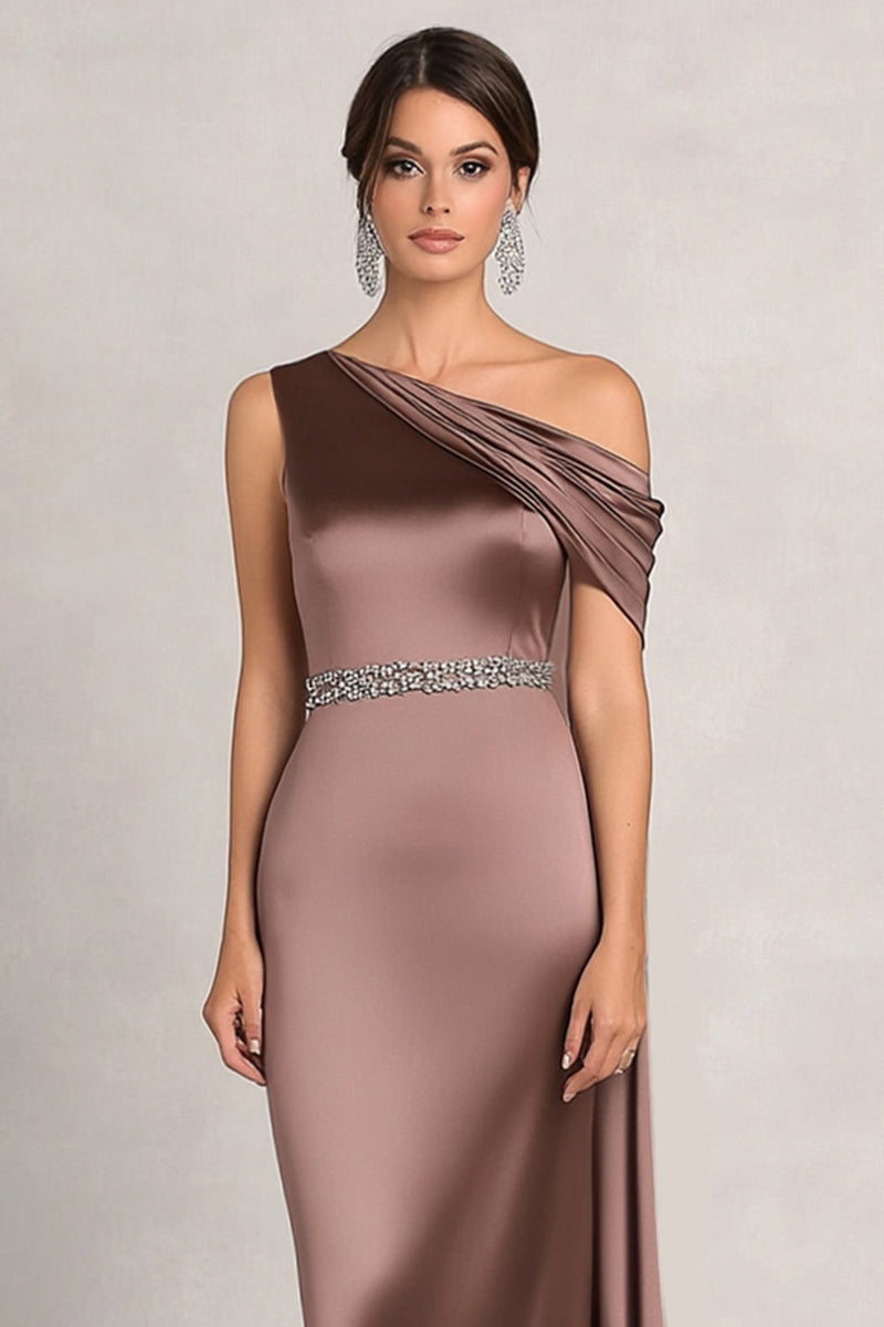 Load image into Gallery viewer, Taupe Satin Asymmetrical Chiffon Mother of the Bride Dress