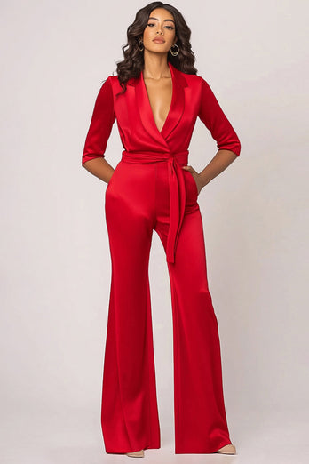 Queendancer Women Red Prom Jumpsuit Deep V-Neck High Waist Satin Long Formal Dress