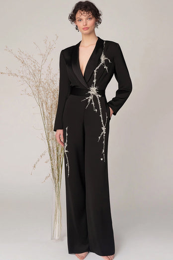 Simple Black Satin V-Neck Prom Jumpsuit with Beading