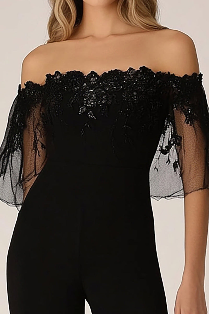 Load image into Gallery viewer, Black Chiffon Off the Shoulder Prom Jumpsuit with Embroidery