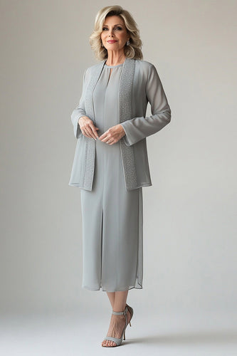 Light Grey Tea Length Chiffon Mother of the Bride Dress with Sequin Jacket