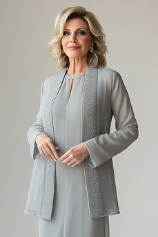 Light Grey Tea Length Chiffon Mother of the Bride Dress with Sequin Jacket