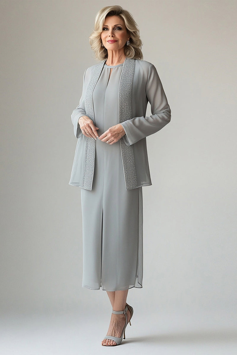 Load image into Gallery viewer, Light Grey Tea Length Chiffon Mother of the Bride Dress with Sequin Jacket