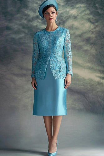 Floral Blue Midi Mother of the Bride Dress with Lace