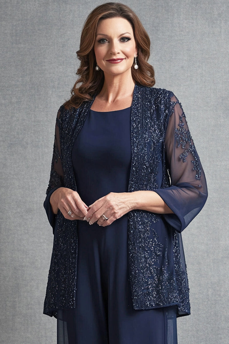 Load image into Gallery viewer, Sparkly Navy Chiffon 3/4 Sleeves Jumpsuit with Jacket