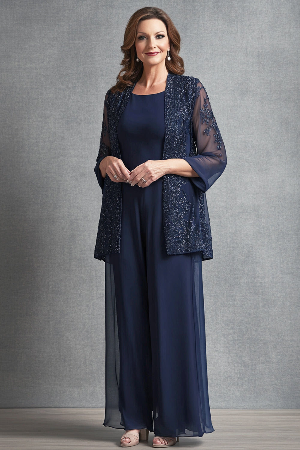 Sparkly Navy Chiffon 3/4 Sleeves Jumpsuit with Jacket