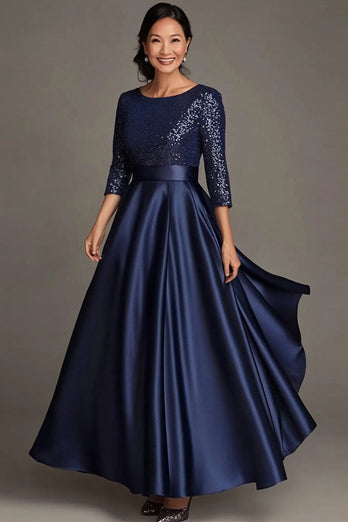 Sparkly Navy Scoop Satin Mother of the Bride Dress