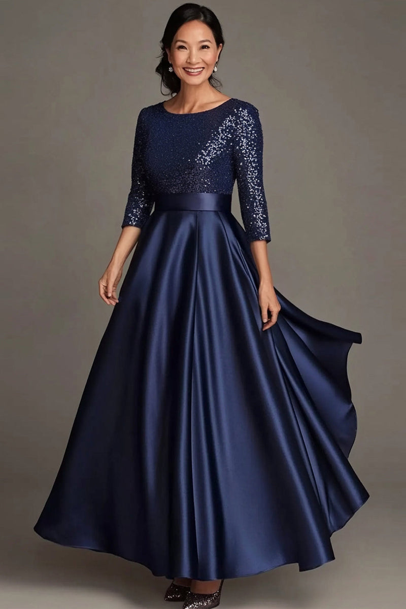 Load image into Gallery viewer, Sparkly Navy Scoop Satin Mother of the Bride Dress