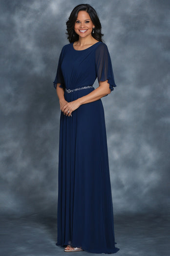 Navy A Line Pleated Chiffon Mother of the Bride Dress with Beading