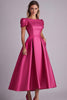 Load image into Gallery viewer, Fuchsia A Line Puff Sleeves Satin Mother of the Bride Dress