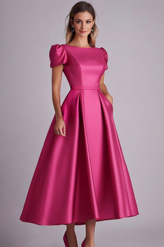 Fuchsia A Line Puff Sleeves Satin Mother of the Bride Dress