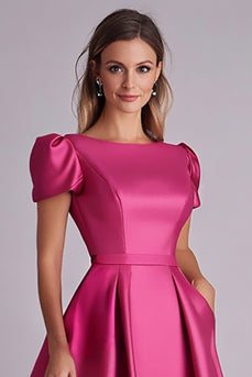 Fuchsia A Line Puff Sleeves Satin Mother of the Bride Dress