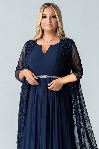 Sparkly Navy A Line Pleated Mother of the Bride Dress with Jacket