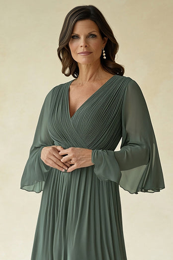 Agave V-Neck A Line Pleated Mother of the Bride Dress