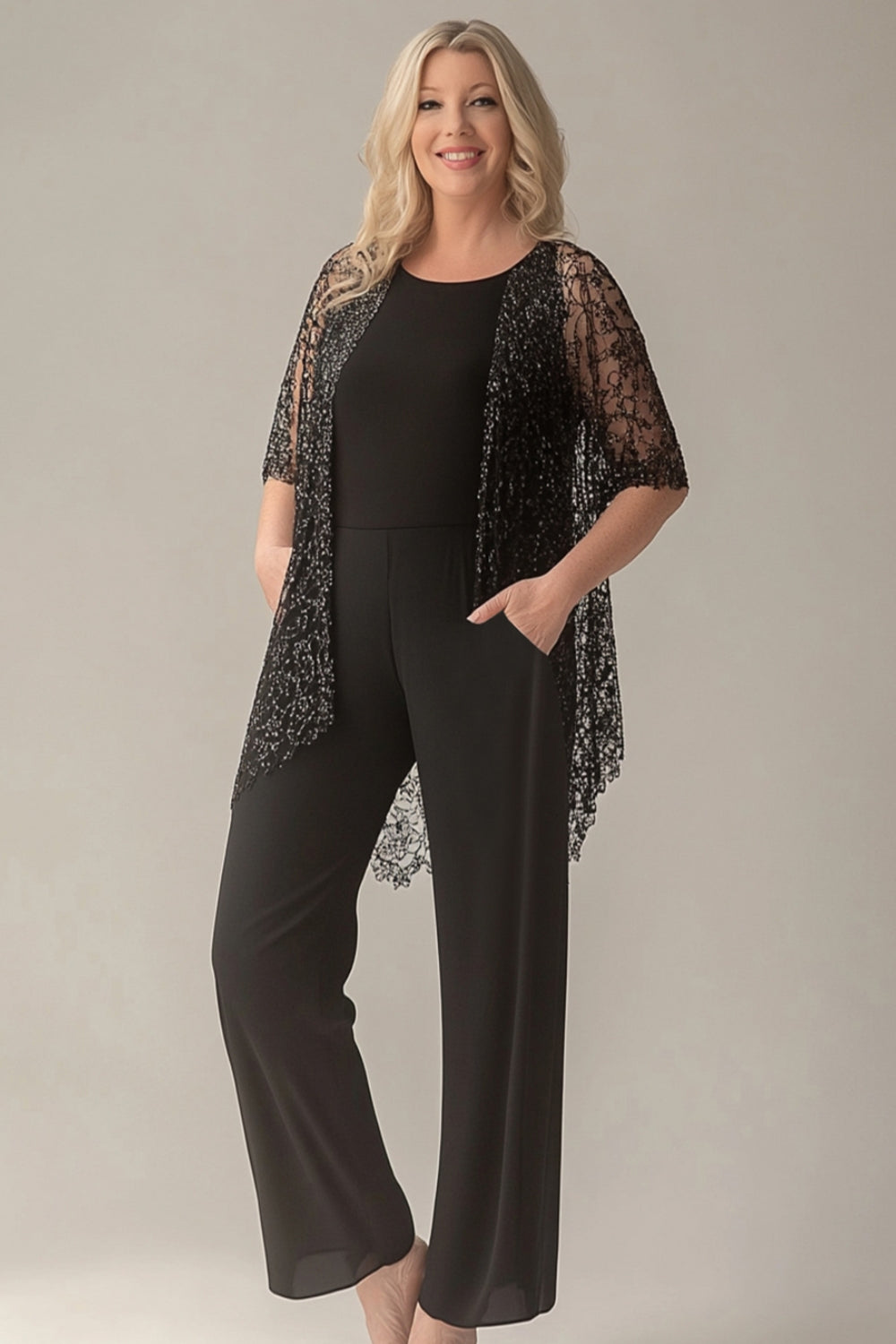 Sparkly Black Round Jumpsuit with Sequined Jacket