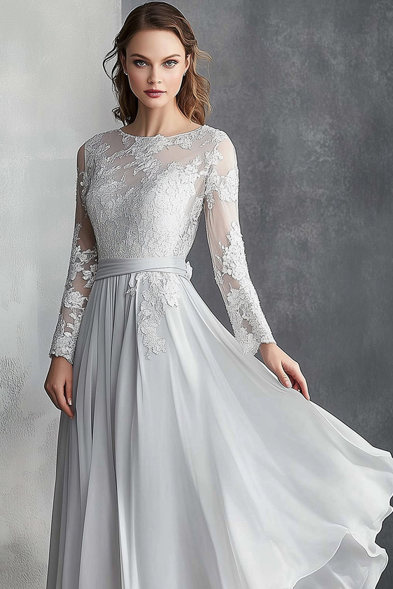 Load image into Gallery viewer, Floral Light Grey Asymmetrical Chiffon Mother of the Bride Dress with Long Sleeves