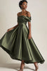 Load image into Gallery viewer, Olive Off the Shoulder Asymmetrical Satin Mother of the Bride Dress