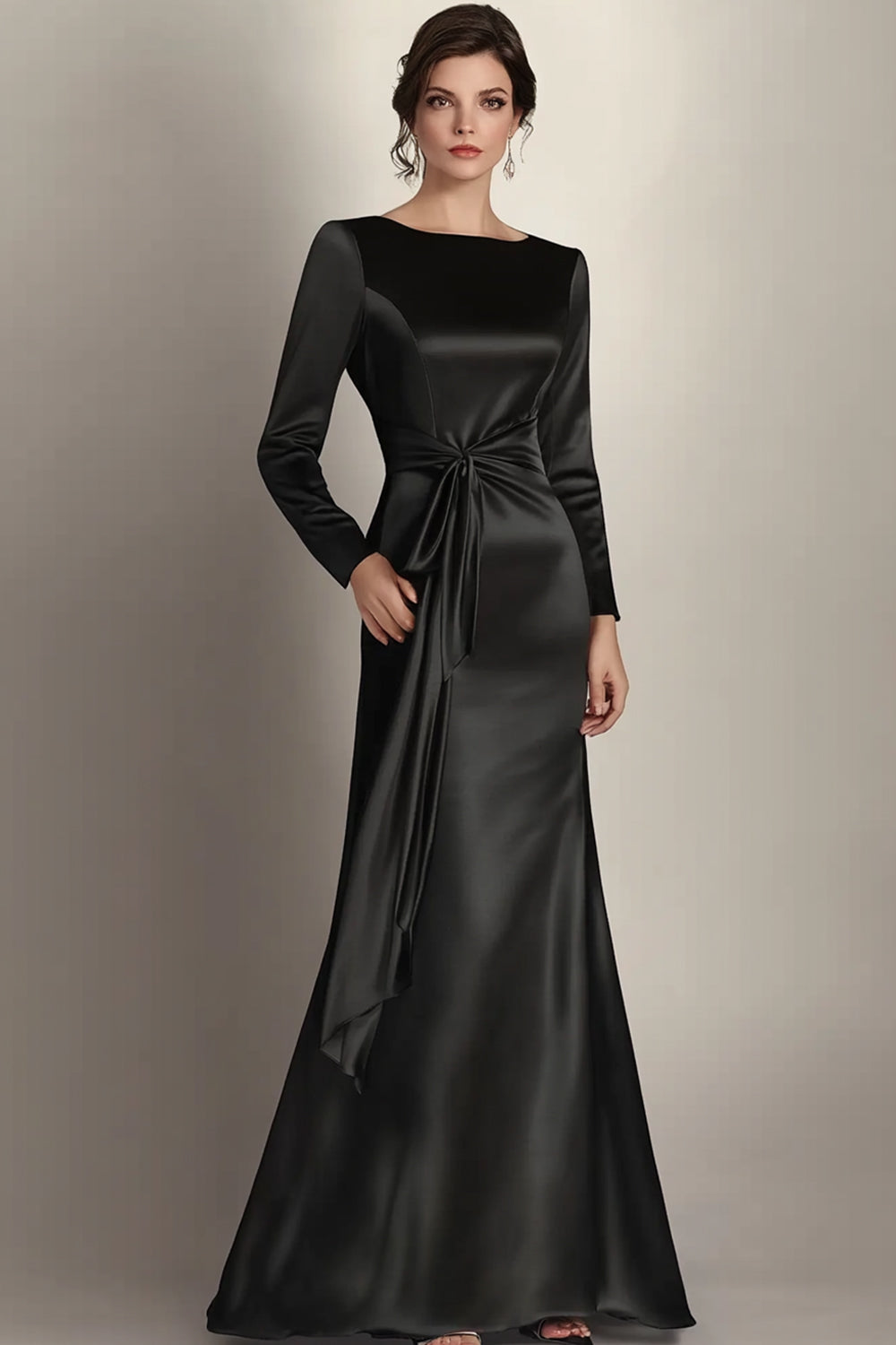 Black Satin Sheath Long Sleeves Mother of the Bride Dress with Side Waist