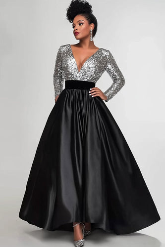 Sparkly Black Silver A Line V-Neck Sequin Mother of the Bride Dress