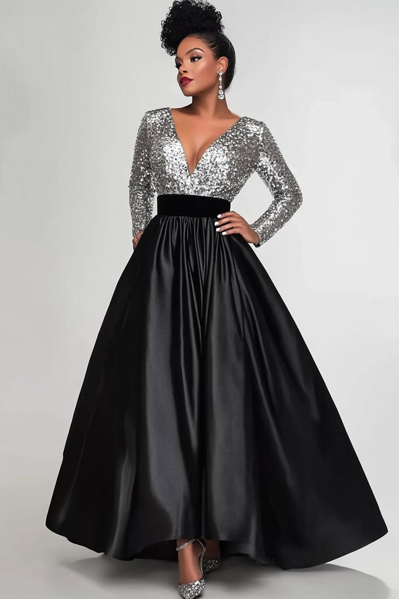 Load image into Gallery viewer, Sparkly Black Silver A Line V-Neck Sequin Mother of the Bride Dress