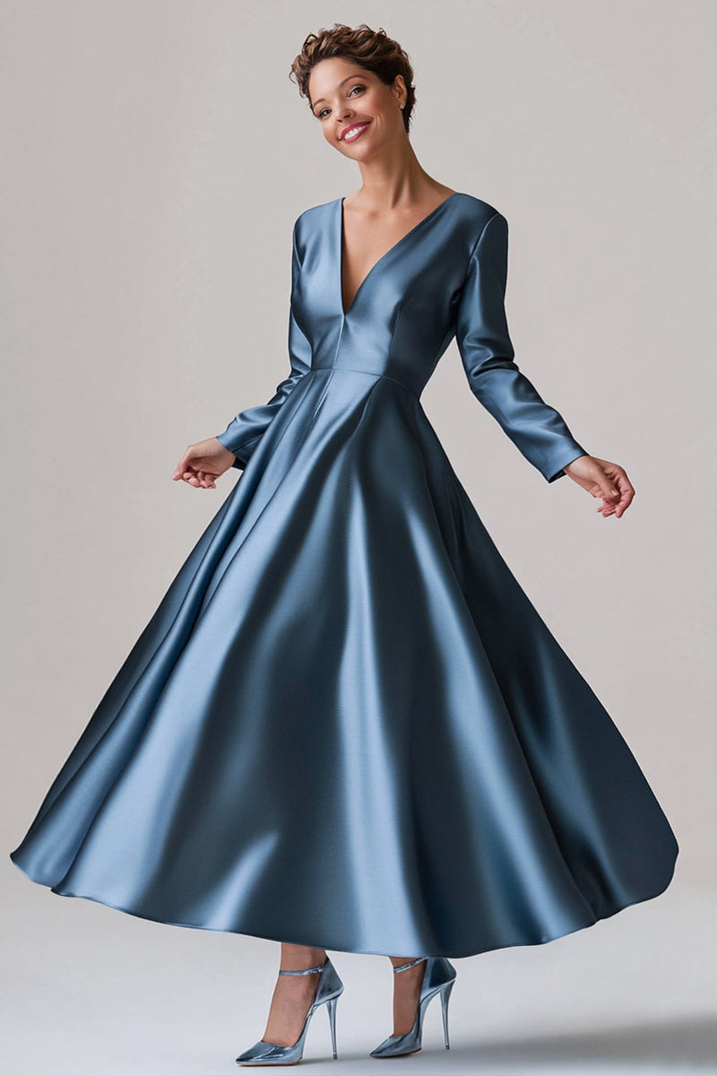 Load image into Gallery viewer, Blue Satin A Line V-Neck Mother of the Bride Dress with Long Sleeves