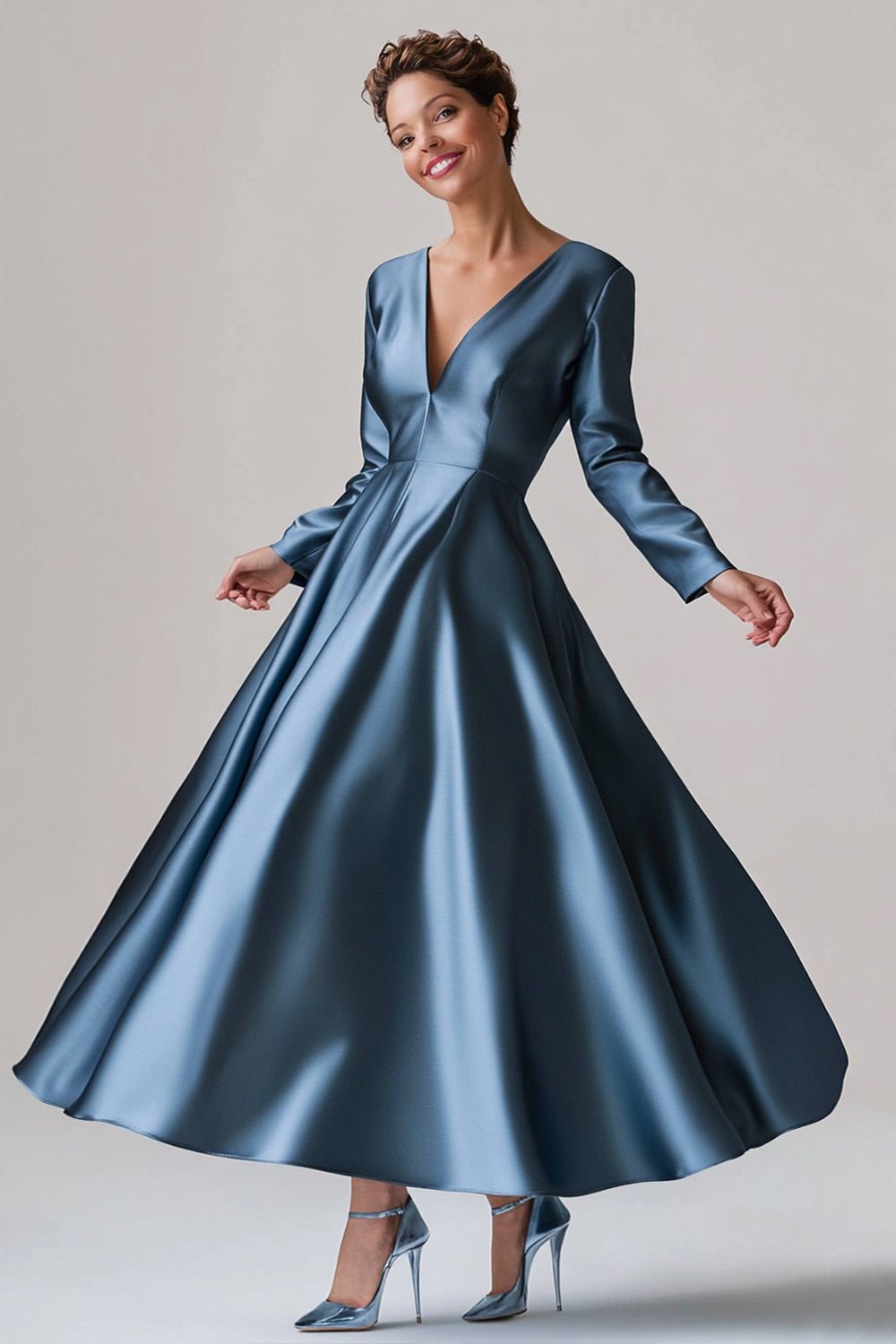 Blue Satin A Line V-Neck Mother of the Bride Dress with Long Sleeves