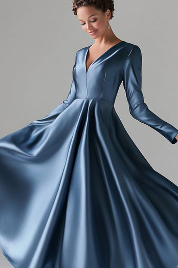 Blue Satin A Line V-Neck Mother of the Bride Dress with Long Sleeves