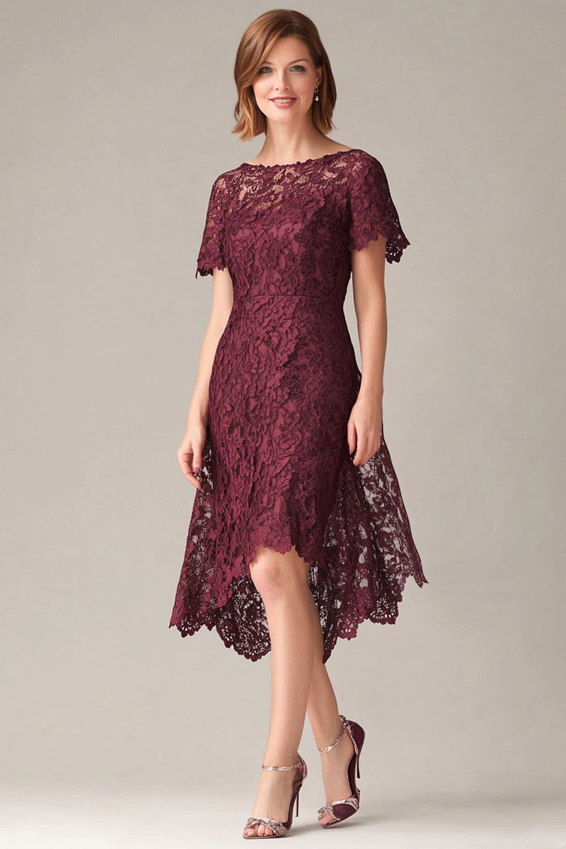 Load image into Gallery viewer, Burgundy Lace Midi Asymmetrical Mother of the Bride Dress with Short Sleeves