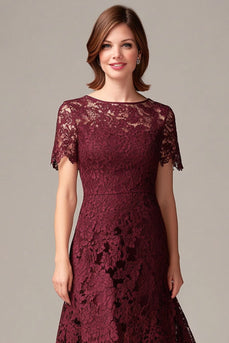 Burgundy Lace Midi Asymmetrical Mother of the Bride Dress with Short Sleeves